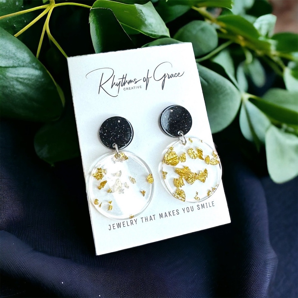 Chic Gold & Black Acrylic Earrings with Gold Leaf Flecks | NWT Elegance! - Picture 5 of 6